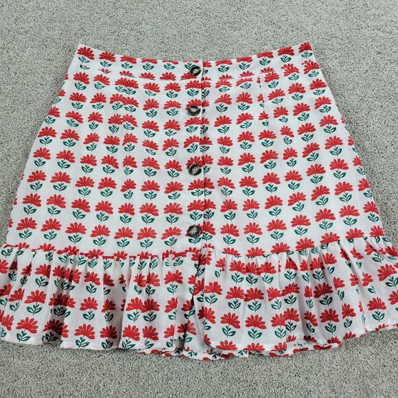 Miami Flower Skirt Womens L White Red Button Front Lined Ruffles Mini Francescas - Picture 10 of 13